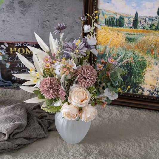 16-inch Artificial Fake Flowers Silk Table Arrangements Faux Plastic Floral Centerpieces for Home Kitchen with Roses, Dandelions, Chrysanthemum, Phalaenopsis, Eucalyptus, Sages, Orchids