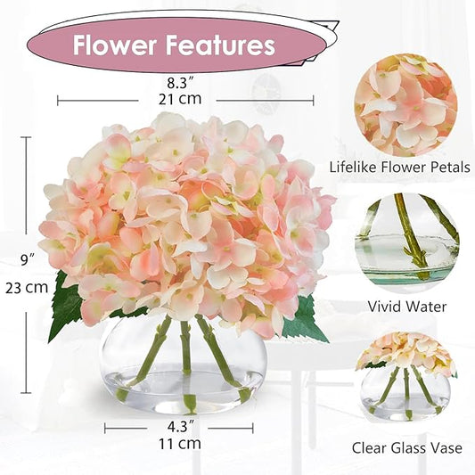 Hydrangea Artificial Flowers in Glass Vase, Powder Silk Fake Flowers Silk Centerpiece Table Decorations for Dining Room, Coffee Table Decor,Wedding, Home with Faux Water Decor(Pink)