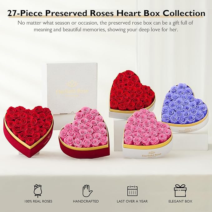 Eterfield 27 Forever Flowers in Heart Shape Box, Preserved Roses That Last a Year Preserved Flowers Birthday Gifts for Her Mom Women Wife Anniversary Valentines Day Mothers Day Christmas, Pink