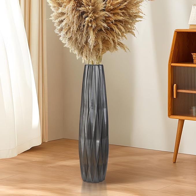 Silvery Ceramic Tall Floor Vase,24 Inch Large Modern Flower Vases for Home Décor,Wicker Big Floor Vases Decorations for Farmhouse, Living Room,Bedroom,Standing Plastic Vase Decorative Tall
