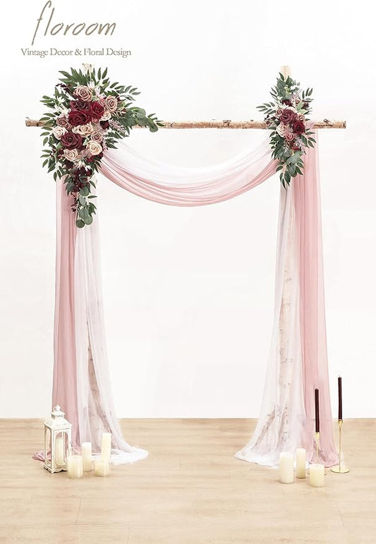 Floroom Arch Flowers with Drapes Kit (Pack of 4) - 2pcs Artificial Marsala & Champagne Floral Swag Arrangement with 2pcs Draping Fabric for Wedding Ceremony Arbor and Reception Backdrop Decoration