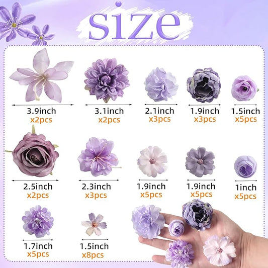 Fake Flower Heads for Crafts - Purple Silk Artificial Roses, Peonies, Daisies & Mini Floral Heads Bulk (48-Pack) for Wedding Decor, Graduation Cap, Cake Topper, Baby Shower, Home Decoration