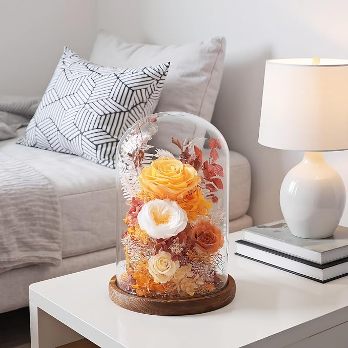 Flowers for Delivery Prime Preserved Flowers Rose in Glass Dome,Orange Rose Forever Flowers Birthday Gifts for Women Mom Grandma Friend Thanksgiving Gifts for Her,Home Decor