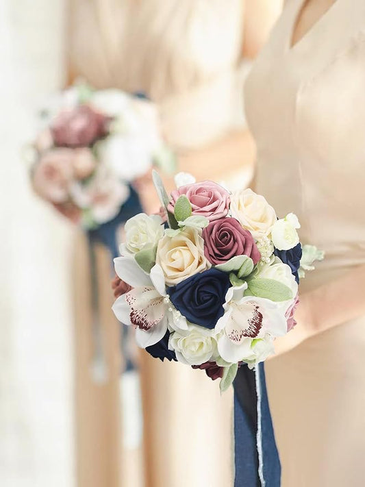 Rinlong Bridesmaids Bouquet Dusty Pink Navy Blue Artificial Wedding Bouquets for Bride Bridesmaid Silk Bouquet for Homecoming Prom