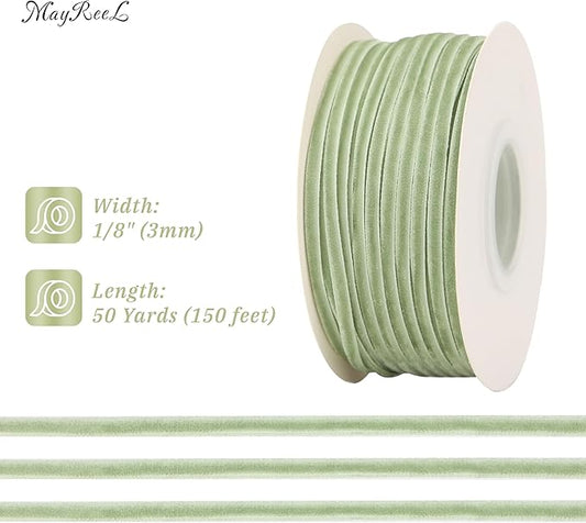 MAYREEL 1/8 Inch Sage Green Velvet Ribbon Thin Olive Green Vintage Ribbon for Wedding Invitations Gift Wrapping Party Favor Boxes 50 Yards