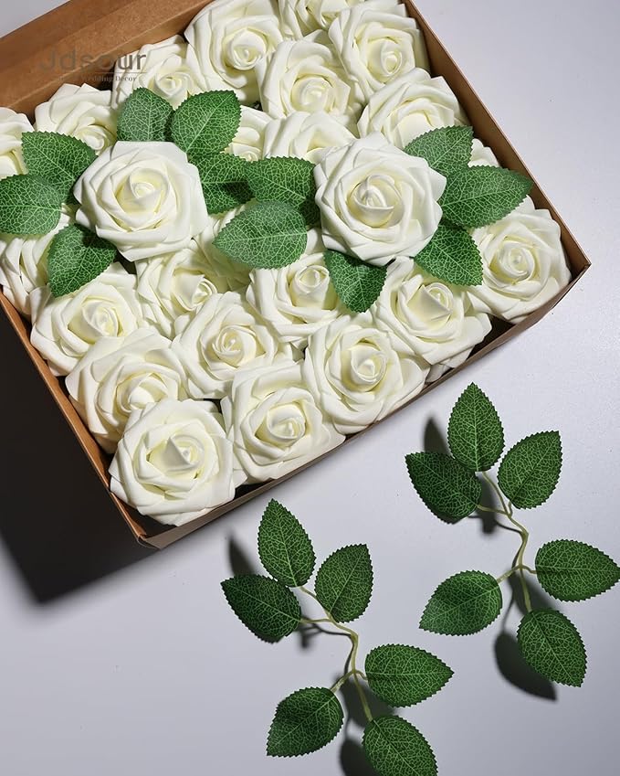 50pcs Artificial Flower,Real Touch Foam Roses w/Stem DIY for Wedding Bouquet Centerpieces Party Shower Home Decor-Ivory