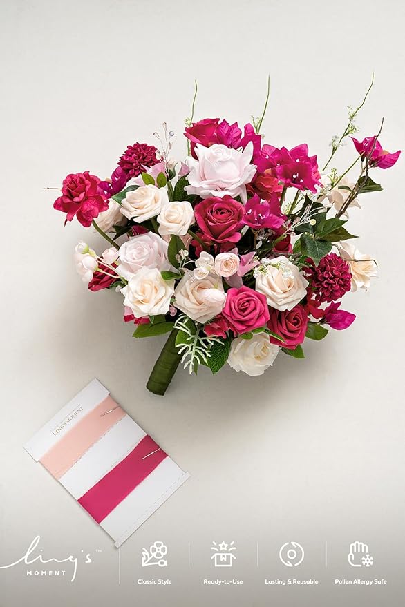 Ling's moment Blush Pink Wedding Bouquets for Bride, Dusty Rose Bridal Bouquets for Bride, 13 Inch Free Form Artificial Wedding Flower Bouquet