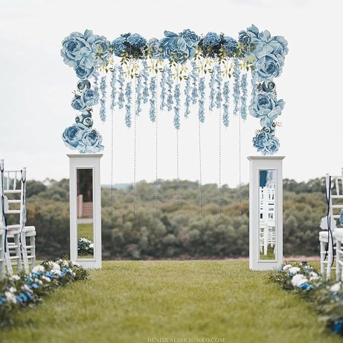 12PCS 3.6Ft Artificial Wisteria Hanging Flowers Dusty Blue Fake Hanging Flowers Garland Silk Flowers Rattan String Faux Wisteria Vine for Garden Home Wedding Arch Decorations (Dusty Blue)