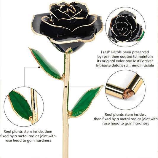 Gold Dipped Infinity Rose Last Forever Flower Decor, Birthday Gift for Women in Her Birthday Mothers Day, Resin Preserved Rose | Anniversary Present for Mom (Black)