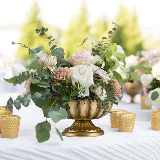 Set of 4, 7'' Wide 3.94'' High Distressed Gold Compote Pedestal Vases, Vintage Antique Urn Gold vases for Centerpieces, Metal Compote Bowl Vase for Wedding Centerpieces