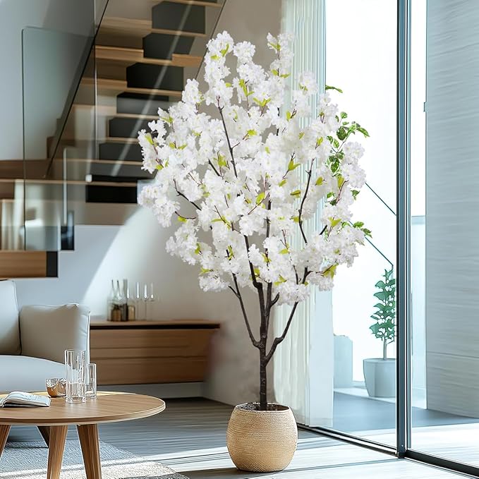 Indoor Faux Cherry Blossom Tree White Artificial Flower Tree, Artificial Cherry Blossom Tree 6 FT for Living Room Bedroom Decor Gift