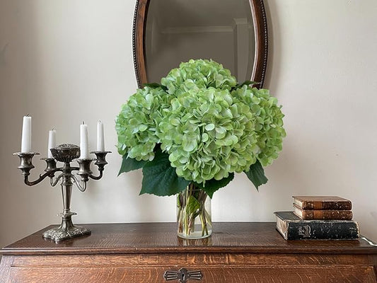YalzoneMet 4Pcs Light Green Silk Hydrangea Artificial Flower Lifelike Big Blooms 20'' Long Stem Faux Hydrangea Flower Bouquets for Home Party Indoor Outdoor Wedding Table Centerpiece Decor