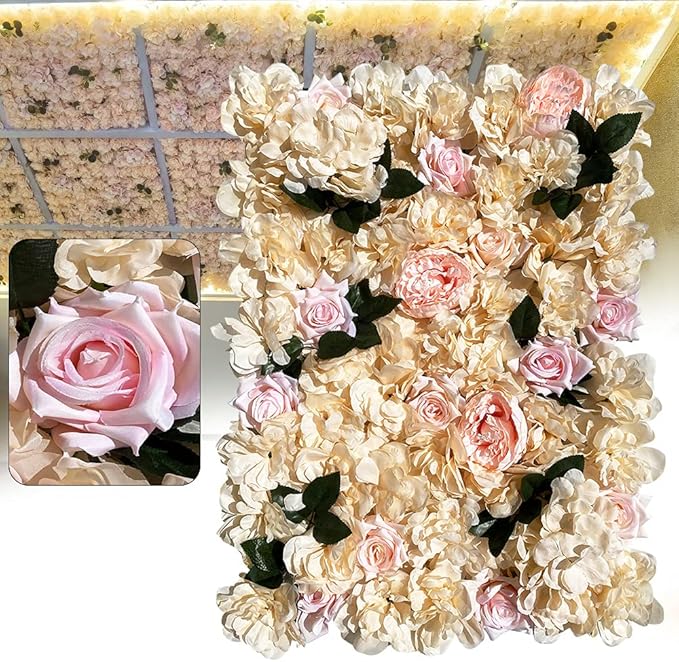LOYALHEARTDY 12 Pack Artificial Flower Wall Panels 24" x 16" Khaki Faux Hydrangea and Rose Artificial Flower Backdrop Panels for Wedding Party Event Flower Wall Decor