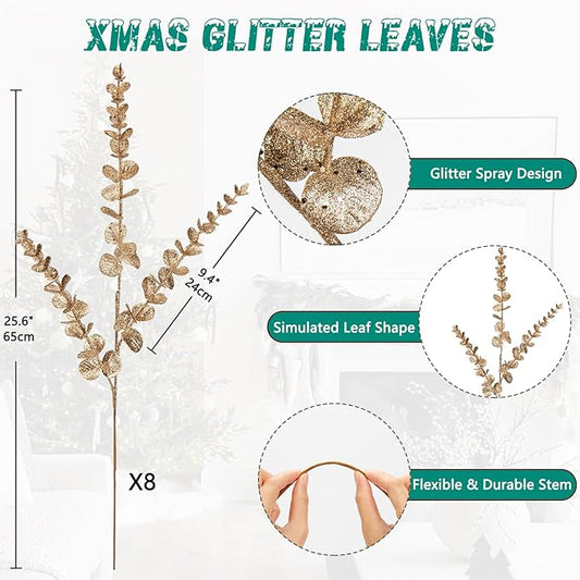 8 Pcs Christmas Tree Picks and Sprays Champagne Glitter Christmas Picks 25.6" Christmas Glitter Eucalyptus Leaves Stems for Christmas Tree Filler Branches Wreaths Centerpieces Holiday Decorations