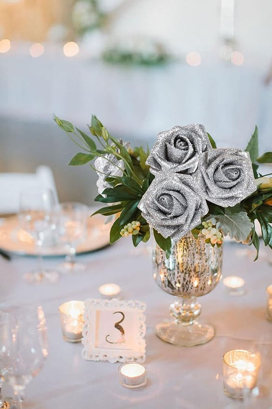 Artificial Flowers 30 PCS Silver Glitter Foam Artificial Flowers with Stem, Glitter Roses Shiny Flowers for DIY Wedding Bouquets Party Home Decor(Silver)