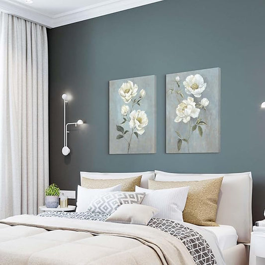 Color Play Flower Canvas Abstract Wall Art: 2 Pieces White Floral Prints Artwork Vintage Peony Bouquet Botanical Painting Picture for Bedroom Living Room Bathroom Home Office