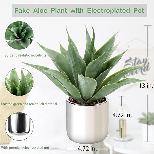 Large Agave Plant Artificial Succulent 13" Fake Aloe Vera Plant in Pot Faux Agave Plants Realistic Artificial Potted Plants for Living Room Table Bathroom Shelf Office Desk Home Indoor Decor (Silver)