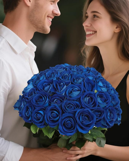 LFF Premium Artificial Royal Blue Roses - 50Pcs Realistic Velvet Faux Roses with Long Stems for Wedding Bouquets, Centerpieces, Proposals & Home Decor (Blue)