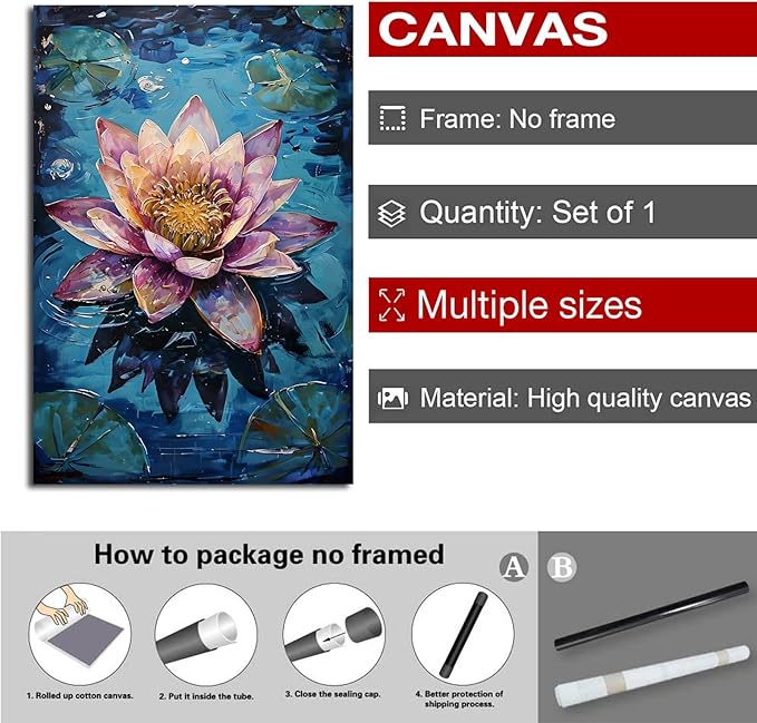 Gorgeous pink and purple water lilies on deep blue water Eye-catching oil painting Serene aquatic wall art for modern home decor 24x36in Frameless