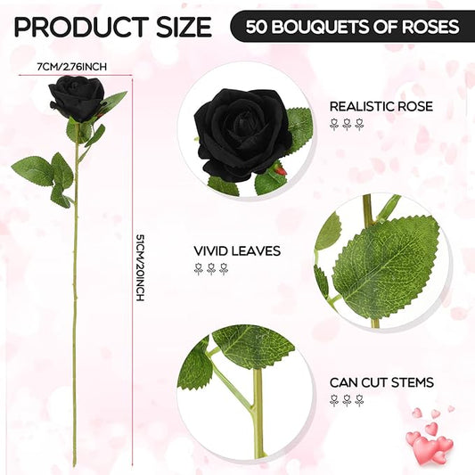 Jexine 50 Pcs Artificial Rose Flower Bulk Realistic Silk Fake Roses with Long Stem Plastic Artificial Flower Bouquet Real Looking for Home Wedding Centerpieces Party Decoration(Black)