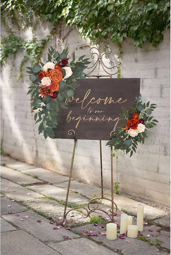 Orange Faux Flower Swag Set of 2, Artificial Flowers Swags for Wedding Arch, Wedding Welcome Signs, Welcome Reception Ceremony Signs Decorations