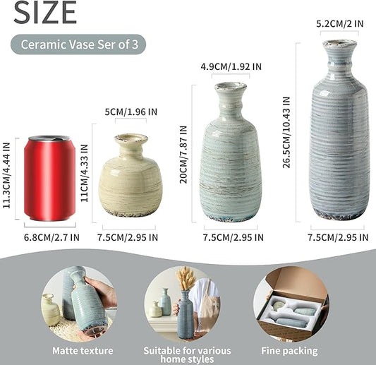 Ceramic Vase Set of 3, Rustic Neutral Vases Home Decor Farmhouse Decorative Flower Vase Modern Boho Pampass Vases for Table Mantel Entryway Shelf Living Room Kitchen Bathroom - Multicolor