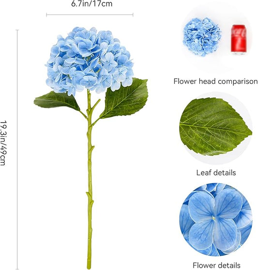 Large Hydrangea Artificial Flowers 19.3", 6 Pcs Latex Real Touch Faux Hydrangea with Stems, Fake Flowers for Table Centerpieces Arrangements Wedding Bouquets (Light Blue)