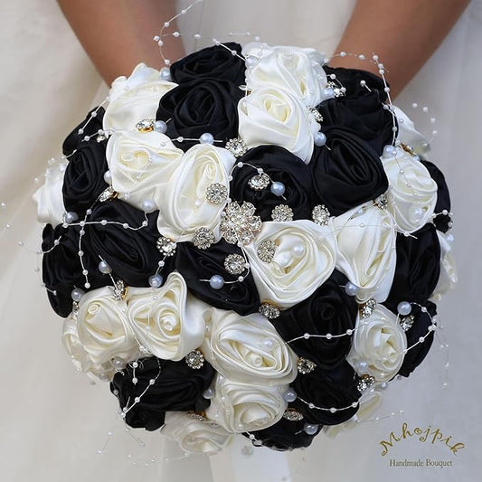 Bridal Wedding Bouquet Round Bling Brooch Bouquet Throw Toss Artificial Rose Flower Bunch for Bride Bridesmaid Wedding Quinceanera(Black & Ivory, 7.5")