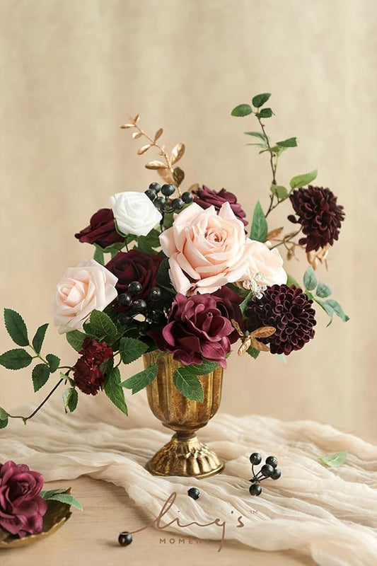 Ling's moment Burgundy Artificial Flowers and Greenery Mini Combo Box Set, Marsala & Blush Fake Flower for DIY Wedding Bridal Bouquet, Centerpieces Decor, Floral Arrangement Decor, etc.