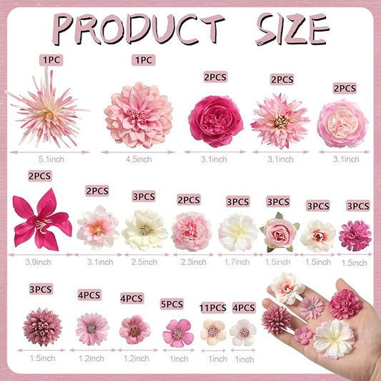 Artificial Flowers Heads Combo Pink Flowers Mix Silk Flowers Dahlia Roses for Graduation Cap DIY Cake Wedding Party Floral Arrangement Table Centerpieces Home Decorations