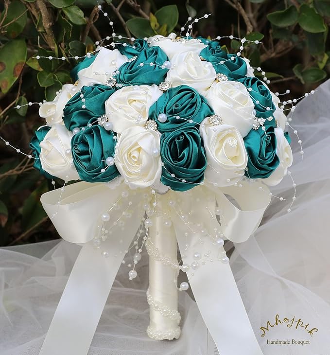 Bridal Wedding Bouquet Round Bling Brooch Bouquet Throw Toss Artificial Rose Flower Bunch for Bride Bridesmaid Wedding Quinceanera(Dark Green & Ivory, 7.5")