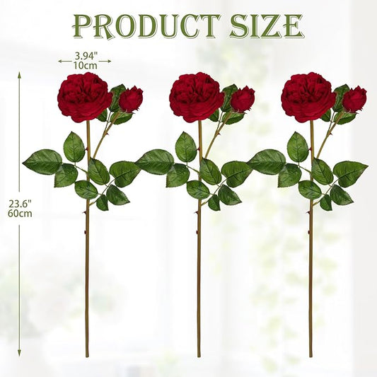 Real Touch Artificial Roses (Set of 3) – 23.6" Long Stem Red Garden Roses – Lifelike Faux Silk Flowers for Wedding Bouquets, Home Décor, Centerpieces & Floral Arrangements