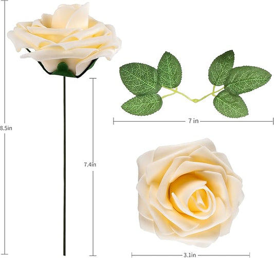 Artificial Flower Foam Rose 25pcs Real Looking Fake Rose with Stems Leaves for Home Decoration Party Garden Centerpieces DIY Wedding Bouquets(Champagne)