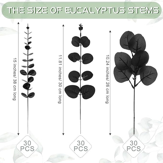 Giegxin 90 Pcs 3 Kinds Mixed Eucalyptus Leaves Stems Bulk Artificial Silver Dollar Leaves Picks Dried Eucalyptus Bundle Faux Spray for Wedding Vase Bouquet Floral Arrangement (Black)