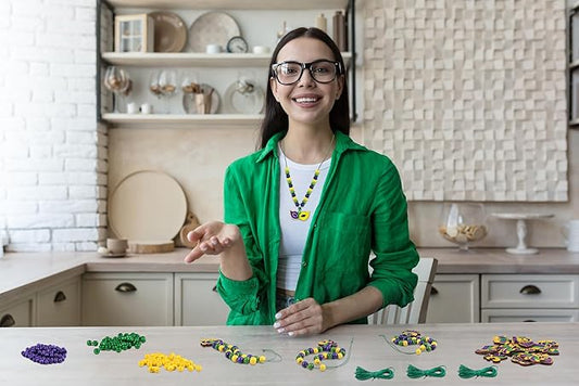 Eternity sky 36 Pcs Mardi Gras Beads Necklace Kit - DIY Purple Green Gold Wooden Craft Pendant Set for Carnival Party Favors - 9 Styles