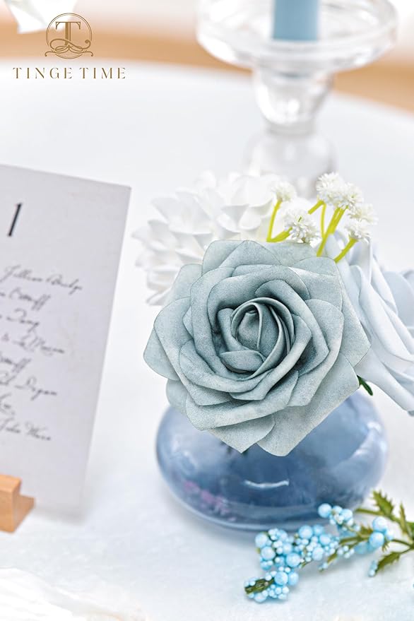 TINGE TIME Artificial Flowers Dusty Blue Flower Combo for DIY Wedding Bouquets Table Centerpieces Arrangements Party Baby Shower Home Decorations