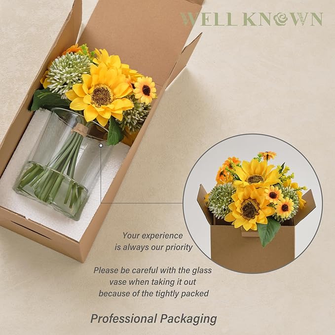 WELL KNOWN Yellow Silk Sunflower Arrangements Bouquet with Vase, Sunflower Artificial Flowers in Glass Vase for Housewarming Decoration Home Decor Office Dining Table Centerpieces