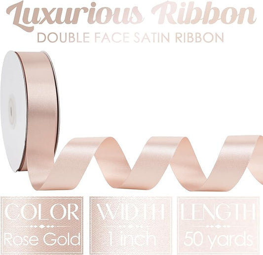 MEEDEE Rose Gold Ribbon 1 Inch Rose Gold Satin Ribbon Lux Double Faced Satin Ribbons by 50 Yards Polyester Wrapping Ribbons for Crafts, Wedding, Flower Bouquet, Holiday Decorating
