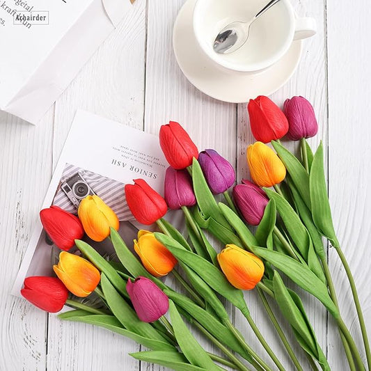 30pcs Tulips Artificial Flowers, Artificial Latex Real Touch Tulips Flowers Bouquet for Mother's Day Easter Wedding Party Home Decor-Multi 6 Color
