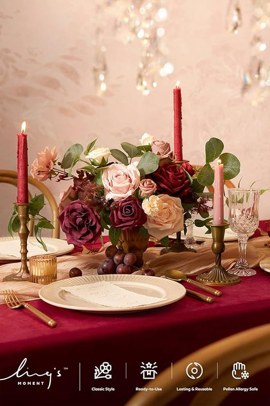 Ling's moment Wedding Centerpiece Flower with Vase for Ceremony/Reception Tabletop Mantel Archway Aisle, Set of 2 | Romantic Marsala