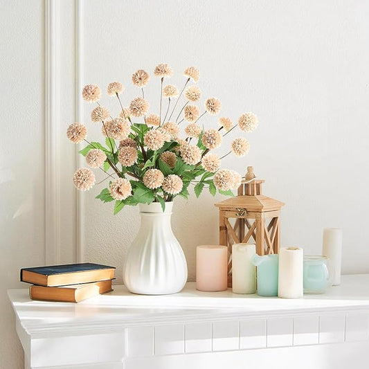 Beige Fake Mums Silk 10 Stems 19.7", Faux Flowers for Vase, Faux Pom Pom Mums Long Stem, Mini Artificial Flowers Bulk Chrysanthemum Floral Arrangements.
