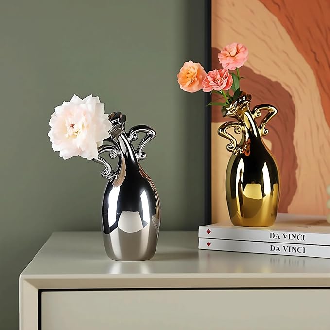 Unique Vases for Flowers,7 Inch Silver Small Diameter Vase, A Novel Decoration for The Dining Table, Living Room, Bookshelf and Office, A for Flower Lovers