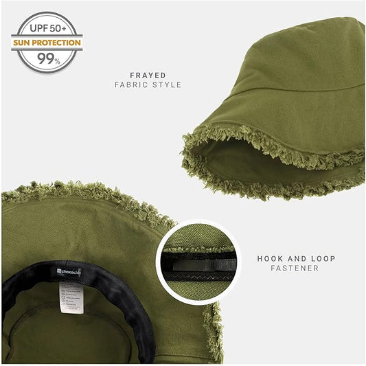 CHOK.LIDS Frayed Bucket Hats for Women Men Unisex Trendy Washed Cotton Floppy Wide Brim Boonie Outdoor Summer Beach Headwear