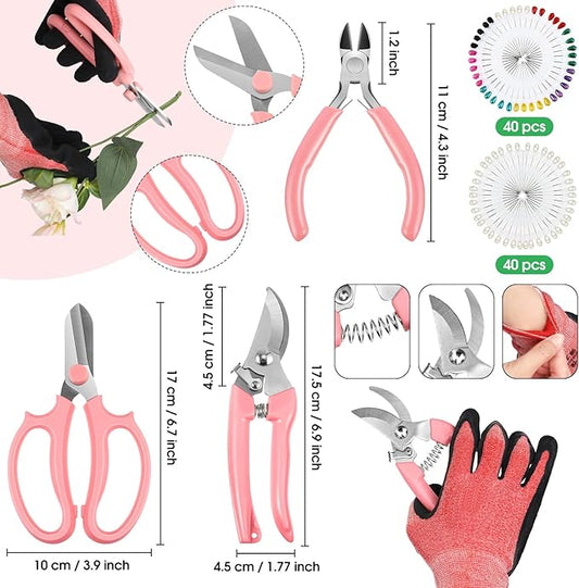 WILLBOND 207 Pcs Flower Arrangement Supplies Christmas Pink Florist Garden Tools Gift Kit for Women Include Bag Thorn Remover Rose Stripper Outdoor Hand Tools Stem Pruning Shear Gloves Stem Wire Etc