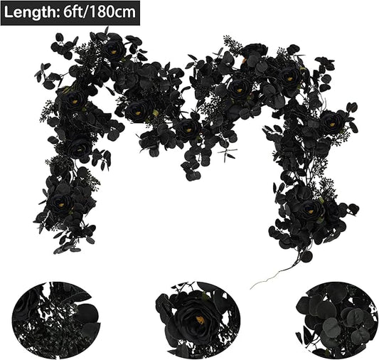 6FT Black Halloween Garland with 10 Black Rose and Berries, Artificial Flower Eucalyptus Garland for Halloween Decorations for Wedding Party Table Decor Indoor Outdoor Backdrop Wall Decor
