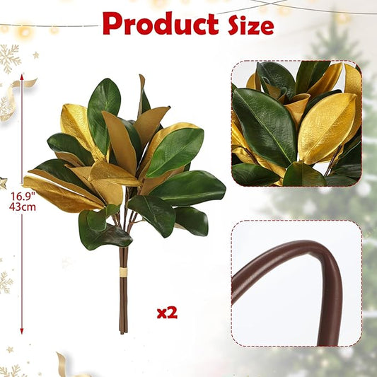 Briful 2 Pack 16.9 Inch Green & Gold Faux Magnolia Leaves Stems, Artificial Magnolia Branches Silk Greenery for Xmas Home Office Vase Floral Arrangement Decor, Vase not Included