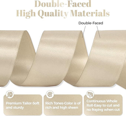 Beige Satin Ribbon, Double Faced 1-1/2 Inch X 50 Yards Beige Ribbon, Premium Satin Ribbon for Gift Wrapping, Crafts, Hair Bow Making, Sewing, Flower Bouquet, Wedding Party Decor