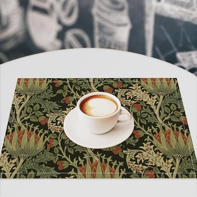 Vintage Boho Florals Placemats Set of 6, William Morris Retro Botanical Plant Foliage Place Mats, Heat Resistant Non Slip Cotton Linen Dining Table Mats for Home Kitchen Party 18x12 Inch