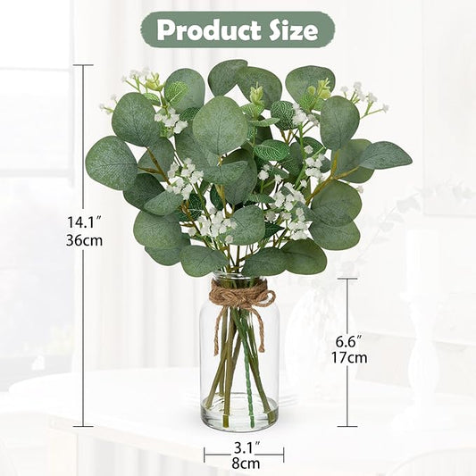 Briful Artificial Eucalyptus Stems with Baby Breath Flowers in Glass Vase with Faux Water, 14" Fake Plant Eucalyptus Leaves for Home Farmhouse Wedding Centerpiece Bathroom Décor