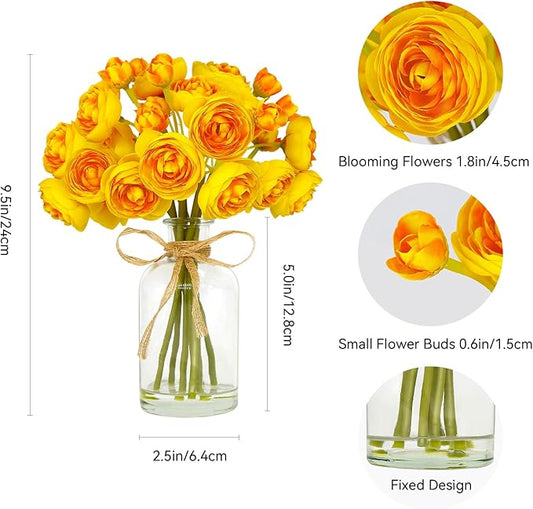 Ranunculus Artificial Flowers with Vase, 8 Pcs Faux Silk Ranunculus Flower in Vase, Small Flower Arrangements for Home Decor Indoor, Table Centerpiece. (Yellow)